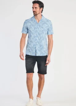 Tokyo Laundry Blue Cotton Printed Chambray Short Sleeve Shirt
