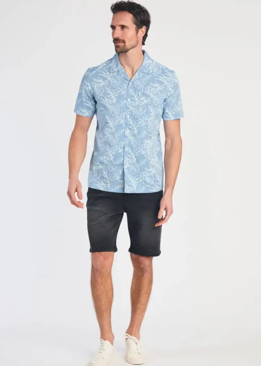 Tokyo Laundry Blue Cotton Printed Chambray Short Sleeve Shirt