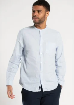 Tokyo Laundry Blue Linen Blend Button Up Shirt With Grandad Collar