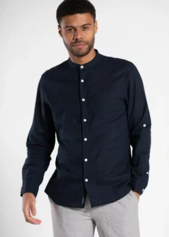 Tokyo Laundry Navy Linen Blend Button Up Shirt With Grandad Collar