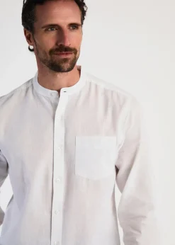 Tokyo Laundry White Linen Blend Button Up Shirt With Grandad Collar