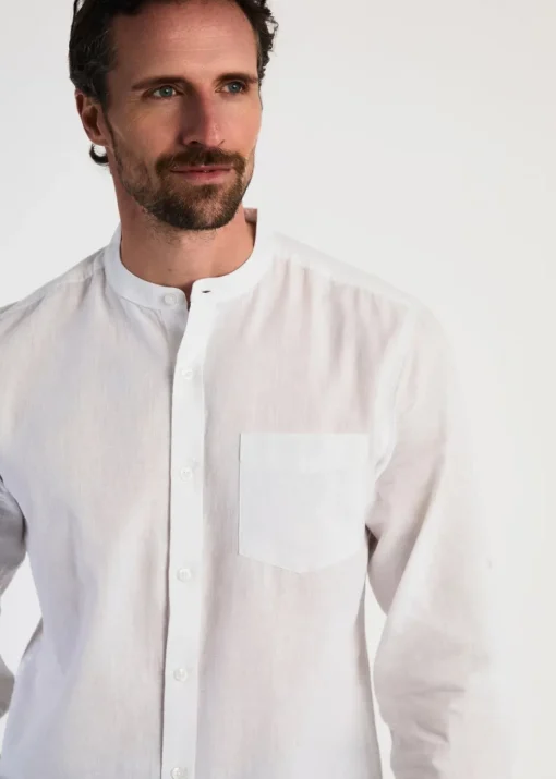 Tokyo Laundry White Linen Blend Button Up Shirt With Grandad Collar