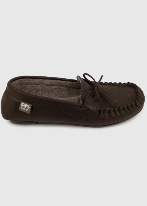 Totes Isotoner Brown Distressed Moccasin Slipper With Herringbone Sock