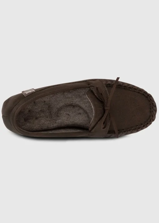 Totes Isotoner Brown Distressed Moccasin Slipper With Herringbone Sock