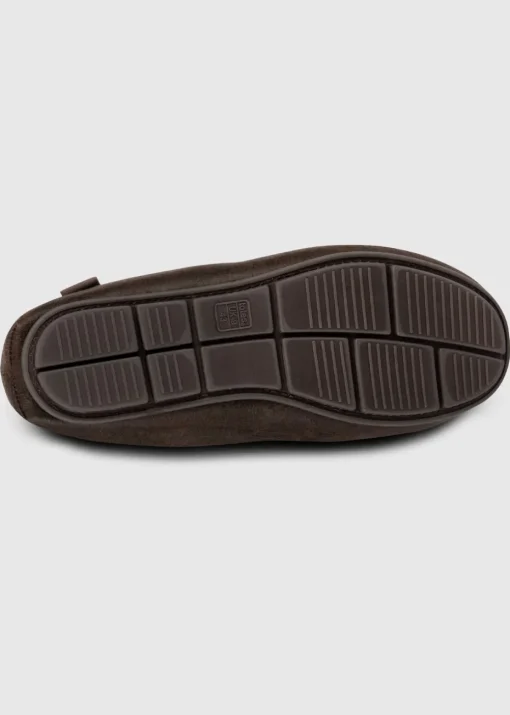 Totes Isotoner Brown Distressed Moccasin Slipper With Herringbone Sock