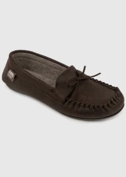 Totes Isotoner Brown Distressed Moccasin Slipper With Herringbone Sock