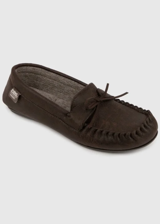 Totes Isotoner Brown Distressed Moccasin Slipper With Herringbone Sock