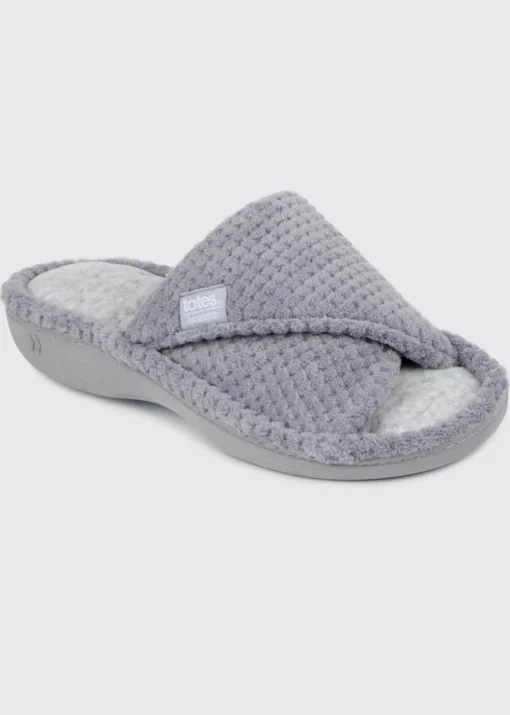 Totes Isotoner Grey Popcorn Turnover Open Toe Slippers