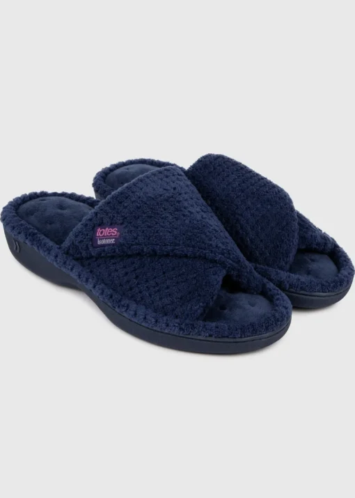 Totes Isotoner Navy Popcorn Turnover Open Toe Slippers