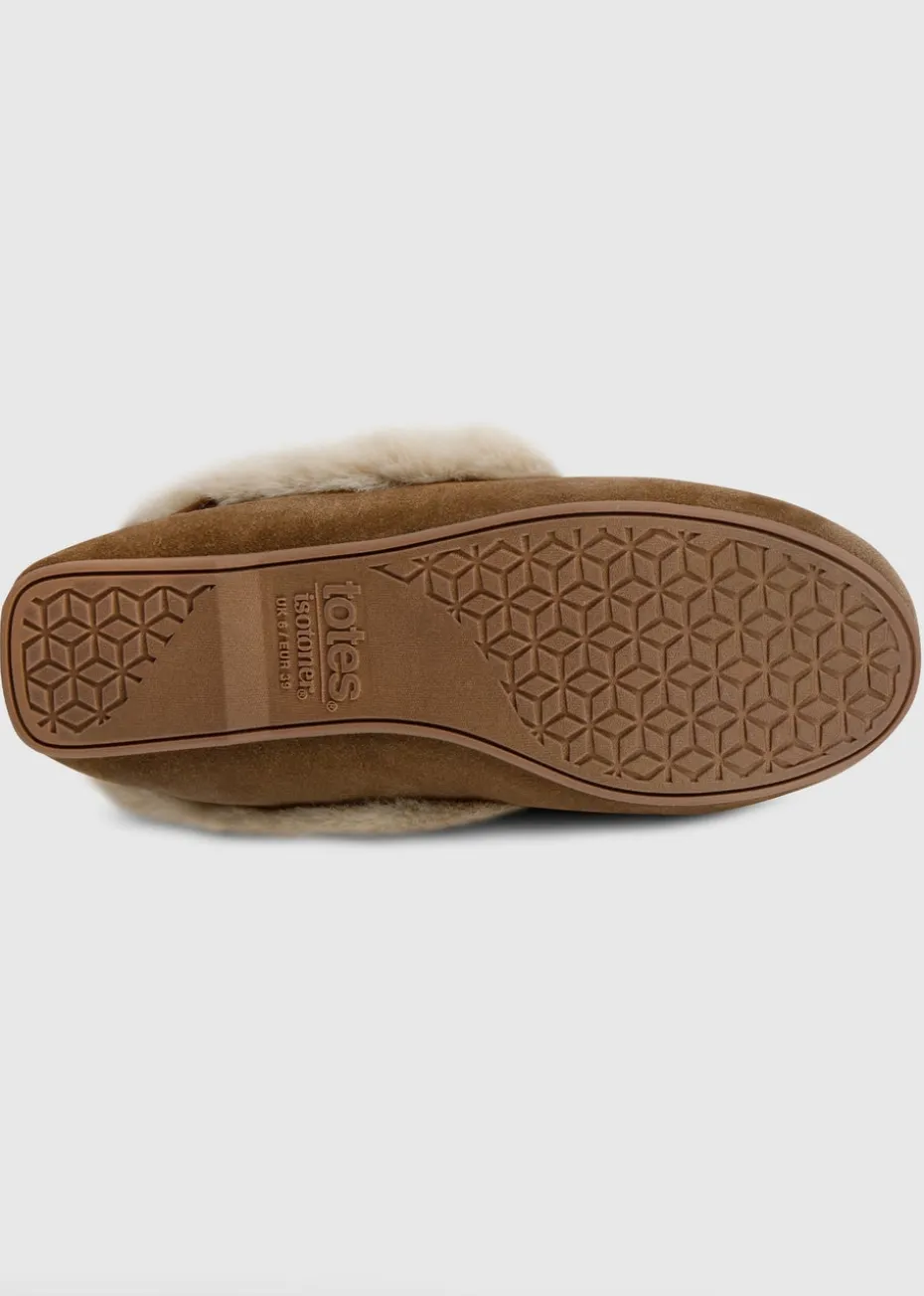 Totes Isotoner Tan Genuine Suede Moccasin with Faux Fur Lining