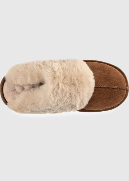 Totes Isotoner Tan Ladies Real Suede Mule with Fur Cuff