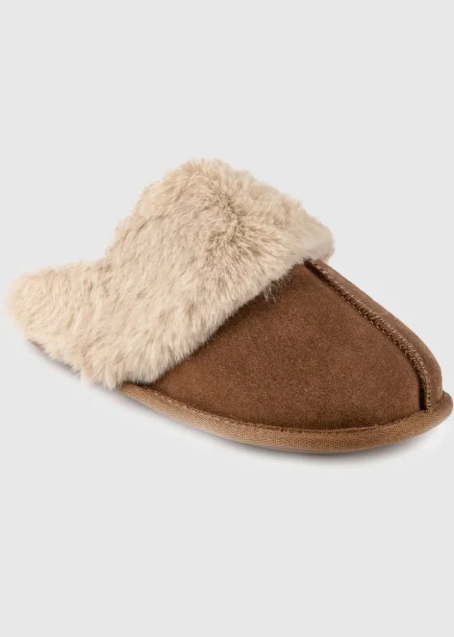 Totes Isotoner Tan Ladies Real Suede Mule with Fur Cuff