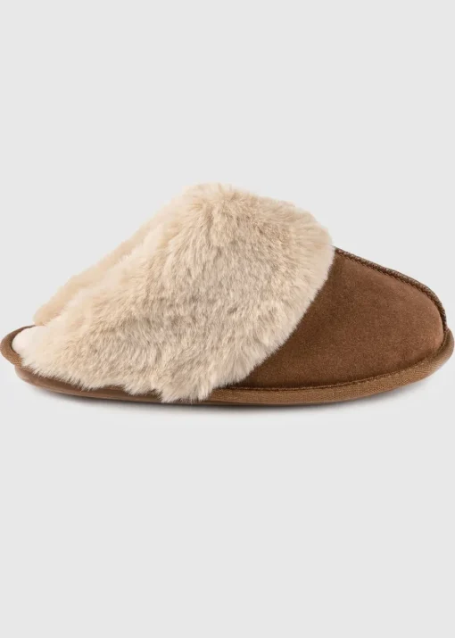 Totes Isotoner Tan Ladies Real Suede Mule with Fur Cuff
