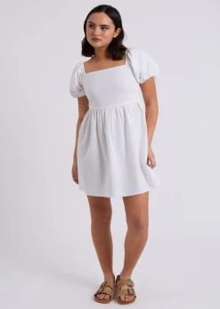 Urban Bliss White Linen Blend Lace Up Mini Smock Dress