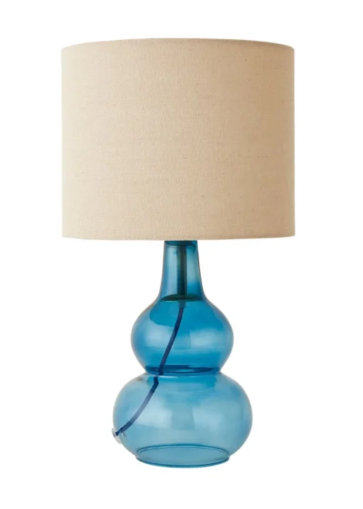 ValueLights Aida Natural Linen Tall Lamp Shade Blue Bubble Glass Table Lamp