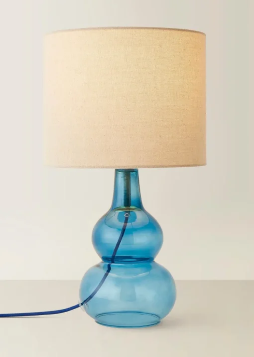 ValueLights Aida Natural Linen Tall Lamp Shade Blue Bubble Glass Table Lamp