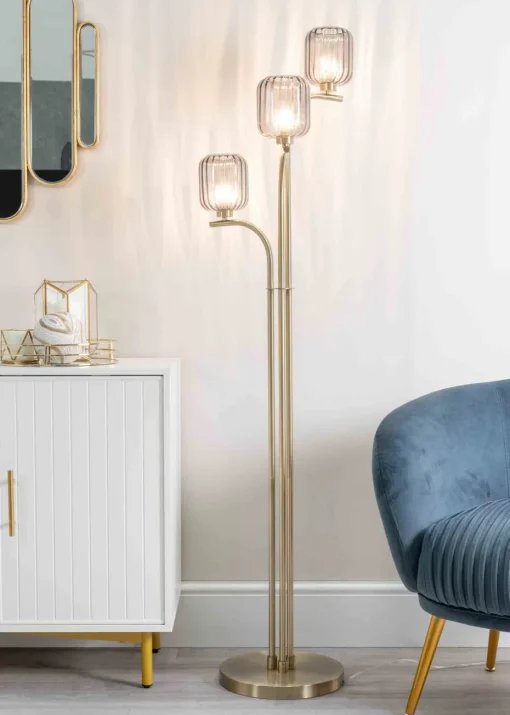 ValueLights Amelie Gold Floor Lamp with Grey Rectangular Shade