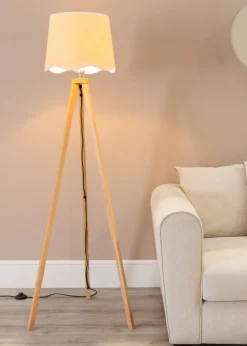 ValueLights Barbro Tripod Oak Effect Floor Lamp with Large Tapered White Trim Shade