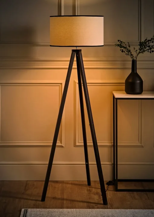 ValueLights Barbro Tripod Wood Black Floor Lamp with Large Drum Trim Shade