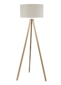 ValueLights Barbro Tripod Oak Effect Natural Floor Lamp with Large Drum Trim Shade