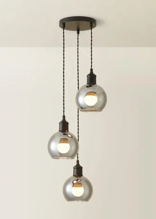 ValueLights Bellamy Smoked Glass Globe 3 Drop Cluster Matte Black Ceiling Pendant Light