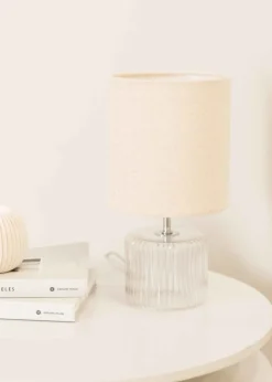 ValueLights Betty Clear Natural Table Lamp with Natural Drum Shade (26cm x 14cm x 14cm)