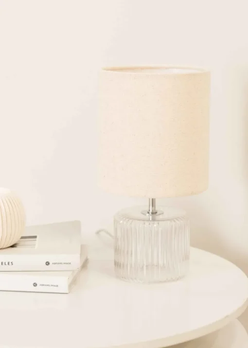 ValueLights Betty Clear Natural Table Lamp with Natural Drum Shade (26cm x 14cm x 14cm)