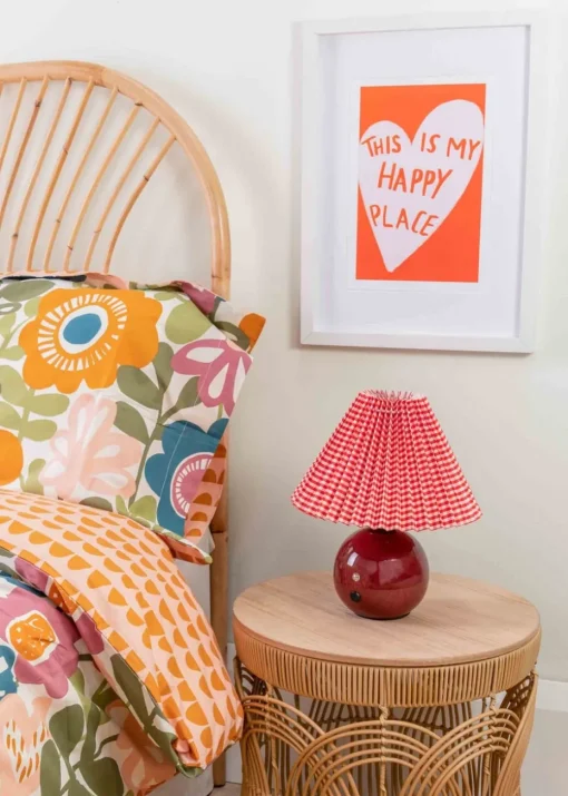 ValueLights Bloom  Red Table Lamp with Multicolour Tapered Shade Integrated LED