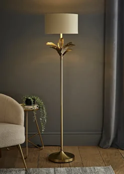 ValueLights Christina Beige with Metallic Gold Drum Shade Gold Palm Leaf Floor Lamp