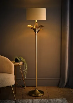 ValueLights Christina Beige with Metallic Gold Drum Shade Gold Palm Leaf Floor Lamp