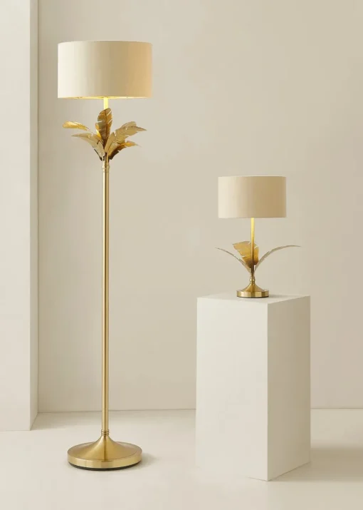 ValueLights Christina Beige with Metallic Gold Drum Shade Gold Palm Leaf Floor Lamp
