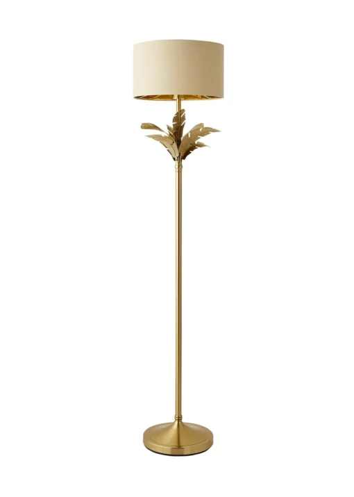 ValueLights Christina Beige with Metallic Gold Drum Shade Gold Palm Leaf Floor Lamp