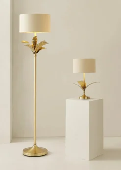 ValueLights Christina Beige with Metallic Gold Drum Shade Gold Palm Leaf Floor Lamp