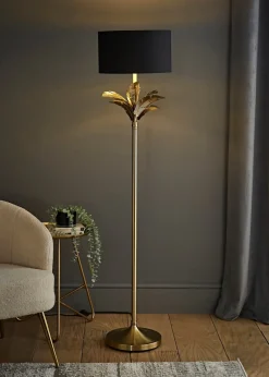 ValueLights Christina Black with Metallic Gold Drum Shade Gold Palm Leaf Floor Lamp