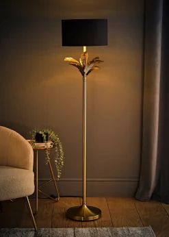 ValueLights Christina Black with Metallic Gold Drum Shade Gold Palm Leaf Floor Lamp