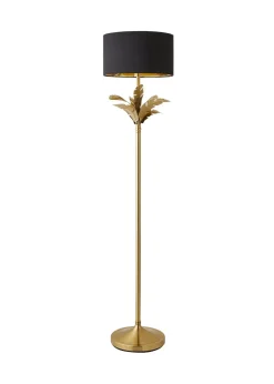 ValueLights Christina Black with Metallic Gold Drum Shade Gold Palm Leaf Floor Lamp
