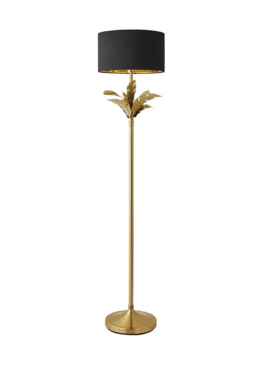 ValueLights Christina Black with Metallic Gold Drum Shade Gold Palm Leaf Floor Lamp