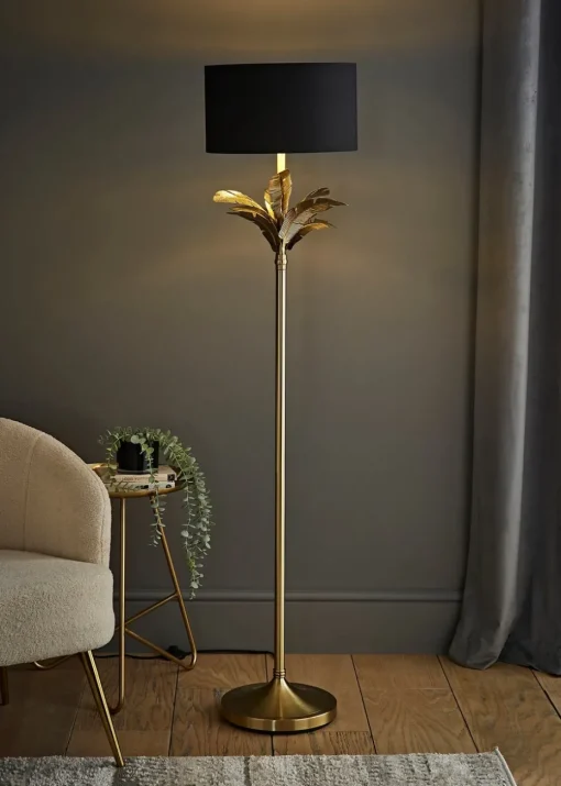 ValueLights Christina Black with Metallic Gold Drum Shade Gold Palm Leaf Floor Lamp
