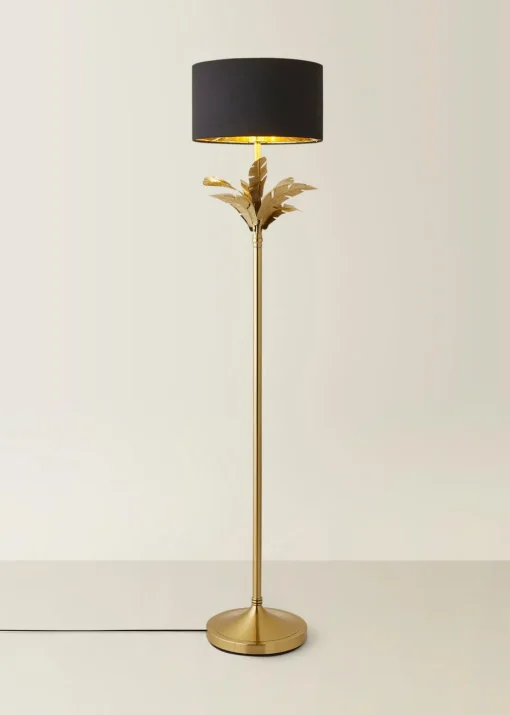 ValueLights Christina Black with Metallic Gold Drum Shade Gold Palm Leaf Floor Lamp