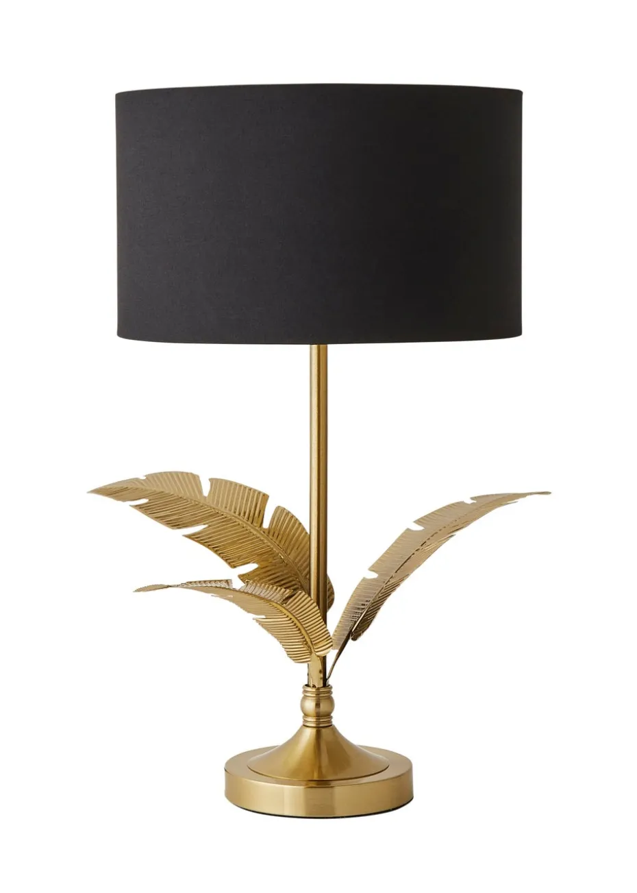 ValueLights Christina Black with Metallic Gold Drum Shade Gold Palm Leaf Table Lamp