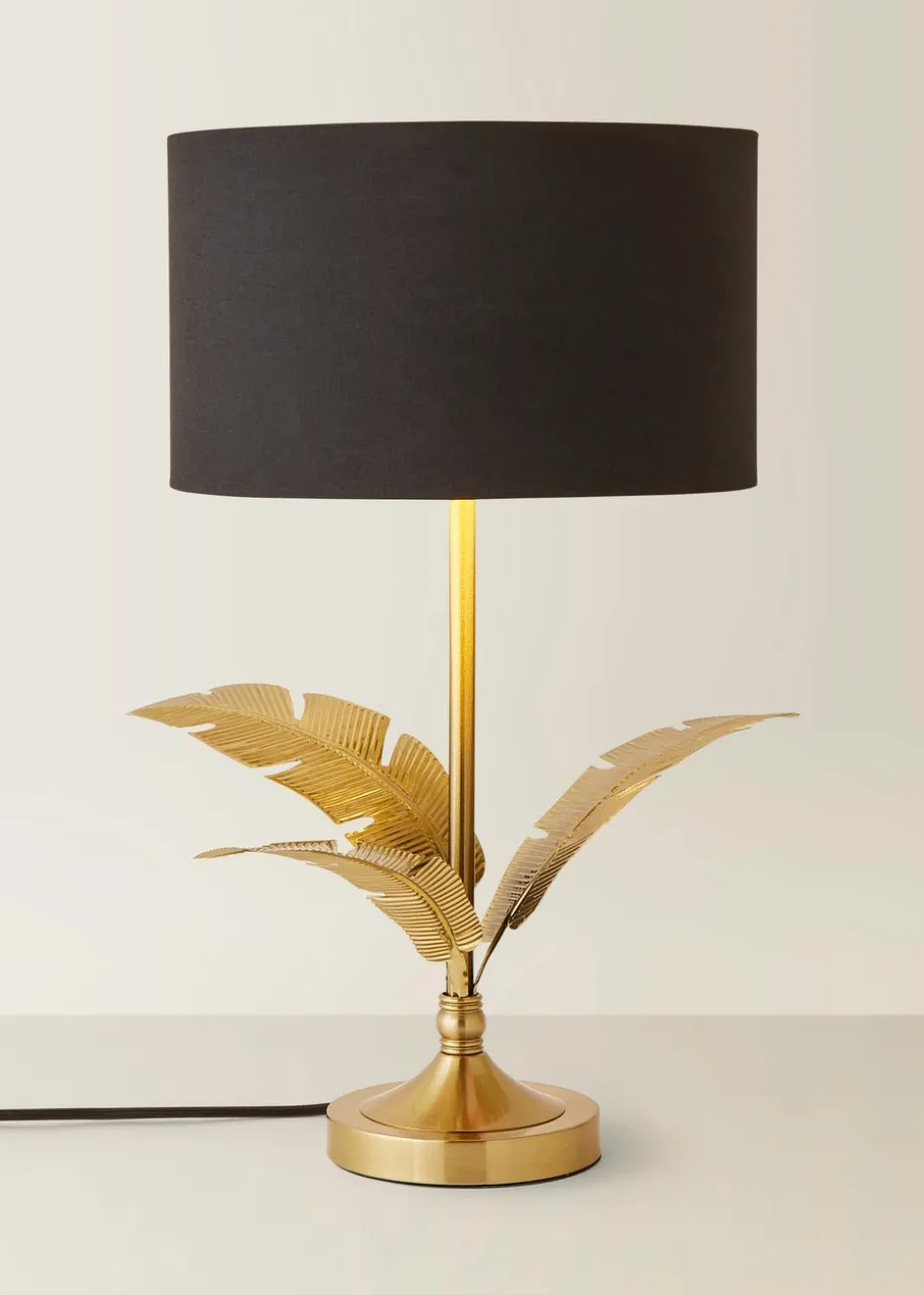ValueLights Christina Black with Metallic Gold Drum Shade Gold Palm Leaf Table Lamp