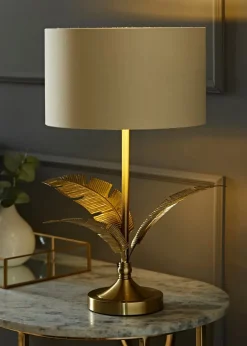 ValueLights Christina Natural with Metallic Gold Drum Shade Gold Palm Leaf Table Lamp