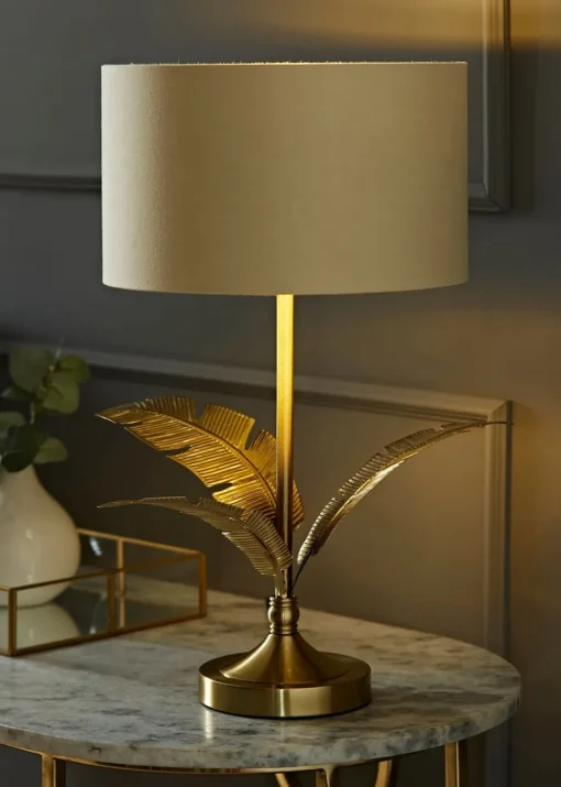 ValueLights Christina Natural with Metallic Gold Drum Shade Gold Palm Leaf Table Lamp
