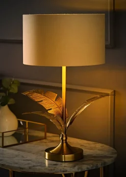 ValueLights Christina Natural with Metallic Gold Drum Shade Gold Palm Leaf Table Lamp