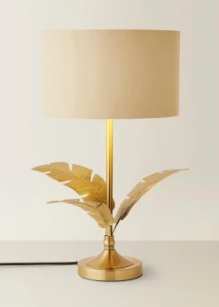 ValueLights Christina Natural with Metallic Gold Drum Shade Gold Palm Leaf Table Lamp
