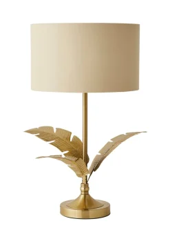 ValueLights Christina Natural with Metallic Gold Drum Shade Gold Palm Leaf Table Lamp