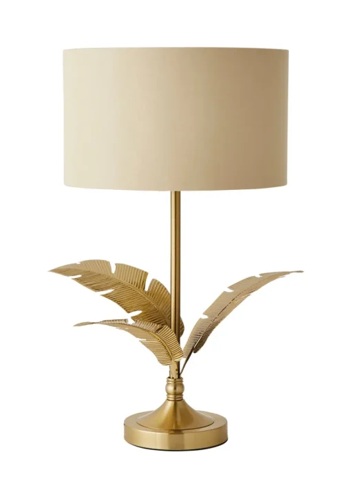 ValueLights Christina Natural with Metallic Gold Drum Shade Gold Palm Leaf Table Lamp