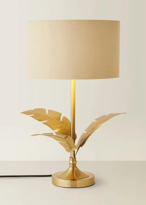 ValueLights Christina Natural with Metallic Gold Drum Shade Gold Palm Leaf Table Lamp