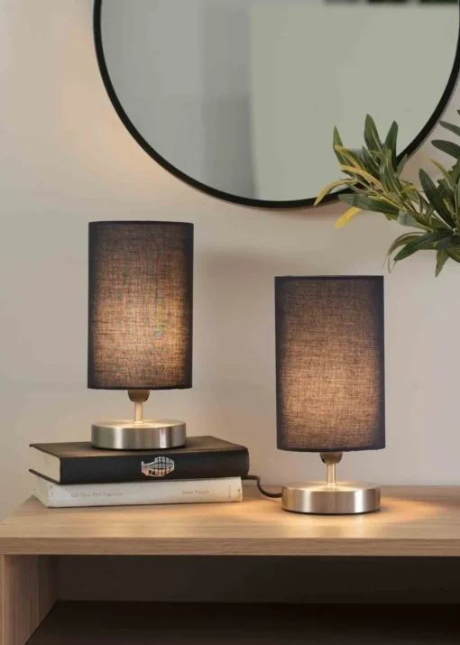 ValueLights Dimmable Silver Table Lamp with Blue Drum Shade
