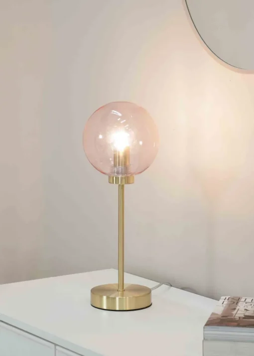 ValueLights Frenchie  Gold Table Lamp with Pink Globe Shade (41cm x 15cm x 15cm)